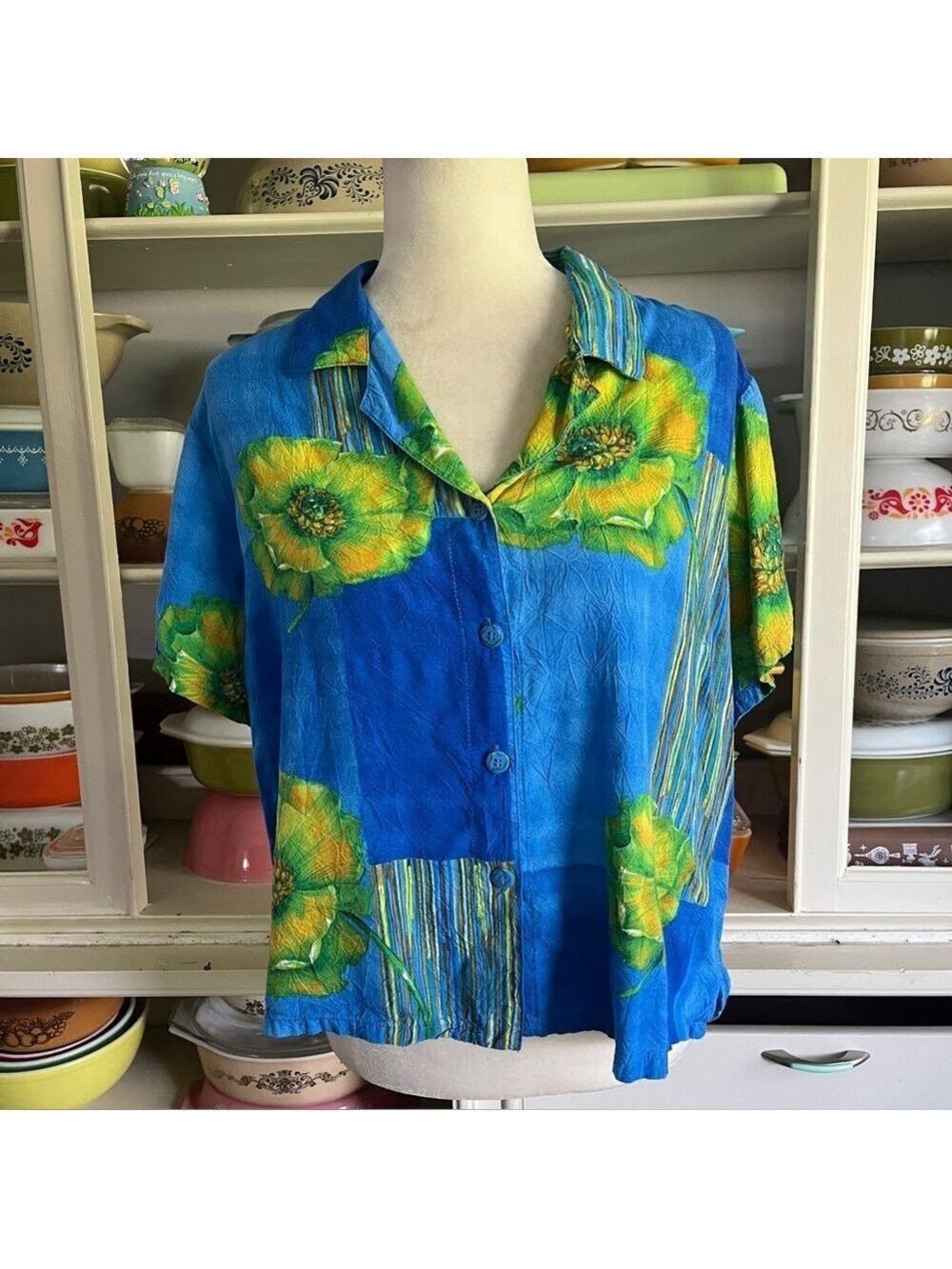 Jams World Vintage Blue Tropical Floral Hawaiian Button-Down Top - Size XL
